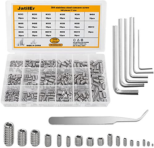 JatilEr 540Pcs Grub Screws Set, Metric Hex Grub Screw Mixed M2 M3 M4 M5 M6 M8, Allen Key Screws Assorted Stainless Steel Cup Point Screw Grub Kit with 6 Hex Wrenches