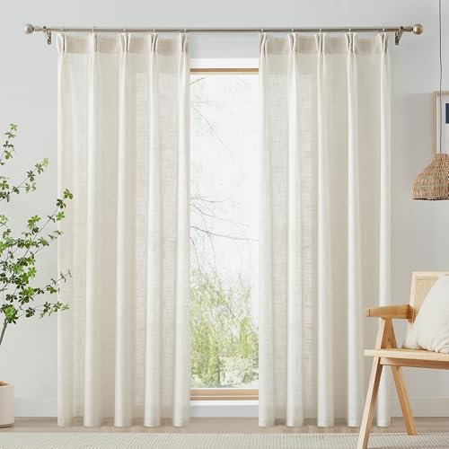 Fmfunctex Beige Pencil Pleat Sheer Curtains for Living Room 90 Drop Linen Textured Rod Pocket Curtains for Bedroom Semi Sheer Light Filtering Window Curtain Drapes for Dining Room 2 Panels