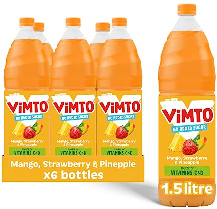 Vimto Mango, Strawberry & Pineapple Squash 1.5L (Pack of 6) – Real Fruit Juice Concentrate, No Added Sugar, Refreshing Tropical Flavour, Dilutable Soft Drink
