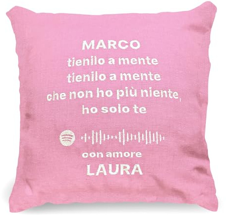 Crociedelizie, cuscino ricamato personalizzato in cotone con ricamo frase scritta nome dedica canzone del cuore compleanno anniversario mesiversario