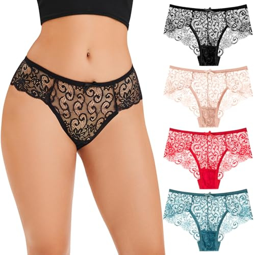 Kiiwah Lot de 4 Culottes Femme en Dentelle, sous Vetement Feminins, Entrejambe 100% Coton Slip Shorty Underwear Femme Sexy Chic-M