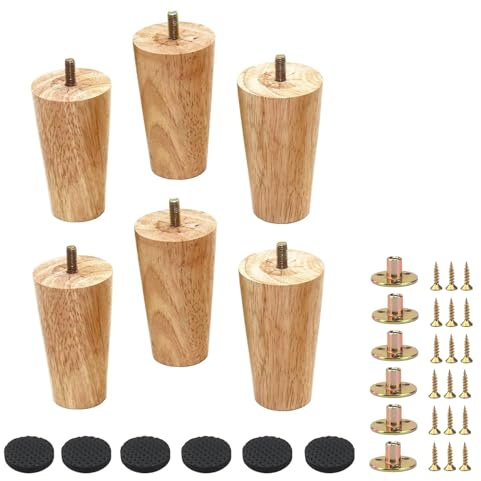 JIEHIN 6 stycken 12 cm, möbelben, runda träben, möbelfötter, trä med monteringsplattor, gummidyna, skruvar, träfötter för möbler, soffa, säng, skåp, soffa, stol
