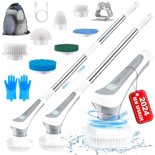 TOPALL Cepillo Electrico Limpieza Hogar,Cepillo Limpieza Electrico Giratorio,Electric Spin Scrubber con 7 Cabezales y Guantes de Silicona, Extensible 60-130cm y 2 Velocidades para Baño,Coche, Cocina