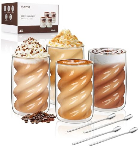 SILRIVES Latte Macchiato Gläser Doppelwandig 350ml 4er Set mit 4 Löffeln,Kaffeegläser aus Borosilikatglas Isolierende,Espressotassen,Cappuccino Gläser,Eiskaffee,Teegläser,Thermogläser