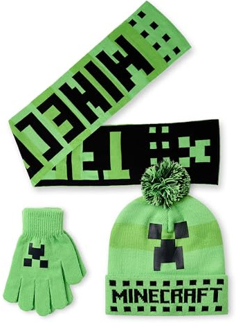 Minecraft Set aus Mütze, Handschuhen und Schal für Jungen | Gestrickte Wintermütze mit Bommel für Kinder, Einheitsgröße, Grün | Warme Handschuhe und Schal mit Creeper-Charaktergesicht und Logo Mojang