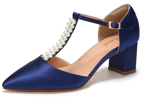 Elivandon J1587 Women's Satin Pointed Toe Mid-Heel Evening Sandals 2.36 inches Block Heel Bridal Party Wedding Pumps with Double Pearl T-Strap Colour Dark Blue,Size 2.5 UK/35 EU