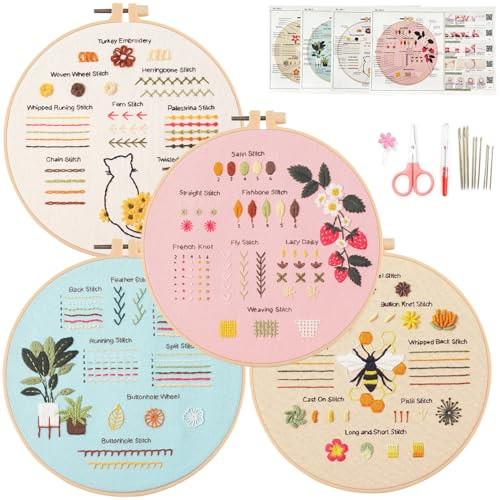 Myfelicity 4 Embroidery kit for Beginners, Learn 30 Different Stitches,There are Strawberries, Bees, Cat and Greenery Plants Patterns to Practise on. Have Video tutorials.