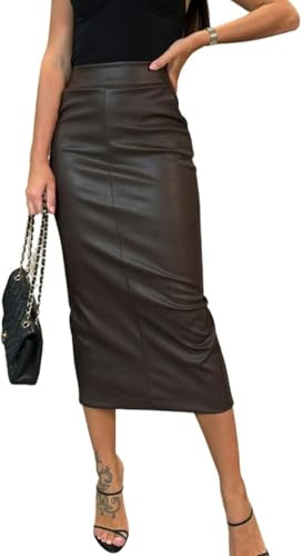LLECDASEUI Womens Long Faux Leather Skirt Bodycon High Waist Slim Pencil Tummy Control Midi Skirt with Pockets (Coffee,M)