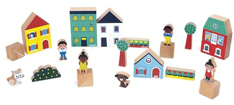 Janod Juego de 36 Cubos de Madera Maciza - Tema Ciudad - Complemento óptimo para Alfombrillas de Coche - Juguete de Construcción - Desarrolla la Imaginación - A Partir de 2 Años - J05917