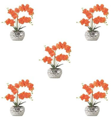 Timcryxient 5 set konstgjord orkidé i kruka realistiskt utseende och bred applikation eleganta konstgjorda blommor för dekoration falsk blomma orange