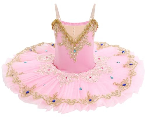 IDOPIP Enfant Fille Costumes de Ballet Danse Tutu Robe Perles Strass Fleurs Broderie Dentelle Cygne Col en V Fines Bretelles Rose 130
