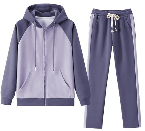 amropi Chándal de Mujer Chaqueta con Capucha y Jogging Pantalones 2 Piezas Conjunto de Deportivo Morado, XL