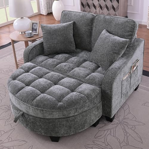 A ALFRESCOOL Sofa mit Schlaffunktion, Sofa Klein, Chaiselongue, 2-in-1 Schlafsofa, Aufbewahrungs-Hocker & 4 Kisse, für Kleine Wohnzimmer, Studienzimmer, Schlafzimmer, 132×129×93cm (Dunkelgrau)