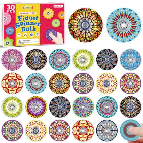 SCIONE 30 st minifidget spinnare present till födelsedagsfesten, 15 motiv Vitraux kalejdoskop, barnfödelsedagsprylar, klasspriser, sensoriska spel, 3,8 cm