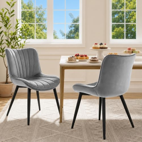 Hellove Lot de 2 Chaises de Salle à Manger Velours Gris – Chaise Scandinave Moderne sans Accoudoir, Chaise de Cuisine Confortable, Chaise Rembourrée pour Salon & Salle à Manger