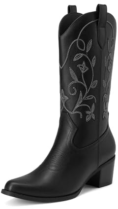 DREAM PAIRS Women's Western Mid Calf Boots Cowboy,Black,7.5