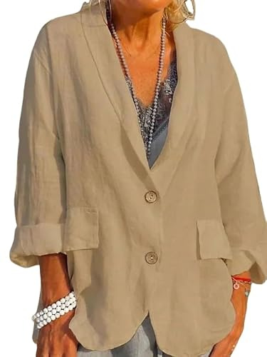 Blazer en Coton et Lin pour Femme Manches Longues Blazer en Lin pour Femme Été Revers Vestes De Costume À 2 Boutons avec Poches Manteau Décontracté Printemps-Été pour Le Bureau Tenue De Tous