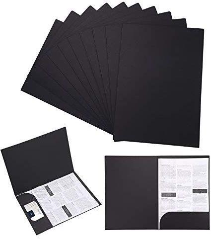 IBLUELOVER 10Pcs A4 Kraft File Folders, Square Cut, Professional Conference Folder with Cards Slot, Black, 310x220mm (8.7x12.2 inch), 2 Pockets, 300gsm Paper, Classic Style