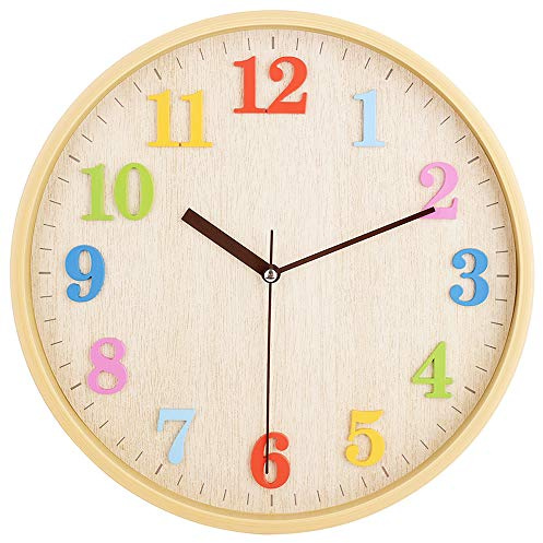 Topkey 12 Wooden Look Wall Clock Silent Non-Ticking 3D Numbers Colorful Decorative Round Clock for Living Room, Bedroom and Office Battery Not Included - Light Brown
