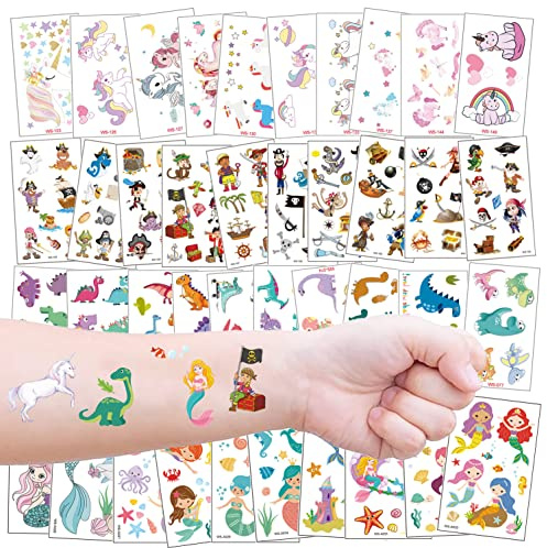 Tatuajes Temporales Para Niños Niñas, 40 Hojas Unicornio Dinosaurio Pirata Sirena Dibujos Animados Tatuaje Mixto Para Infantiles Regalo Fiesta de Cumpleaños Bolsas Relleno, Uso Seguro