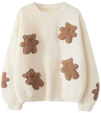 Cute Sweater for Teen Girls Japanese Style Kawaii Bear Patch Embroidery Long Sleeve Pullover Tops Casual Sweaters (White)