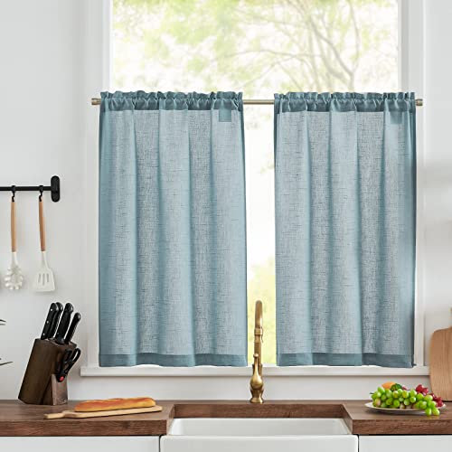 TOPICK Linen Blend Kitchen Curtains, 24 Inch Drop Small Cafe Curtains, Solid Pattern Light Filtering Short Curtain Tiers for Bathroom Sink Cupboard, Rod Pocket 2 Panels Blue