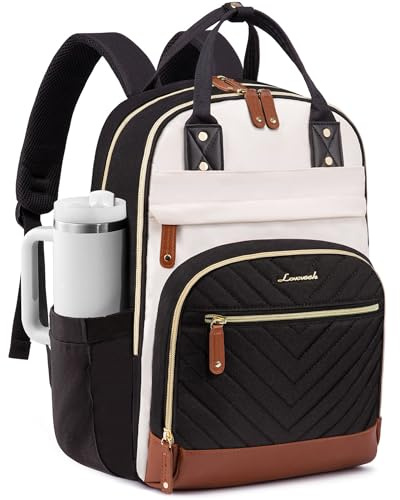 LOVEVOOK Laptop Backpack for Women with Giant Tumbler Holder Pocket,15.6 inch School College Book Bag Nurse Teacher Backpack,Waterproof Work Travel Backpack Purse Laptop Computer Bag,Beige-Black-Brown