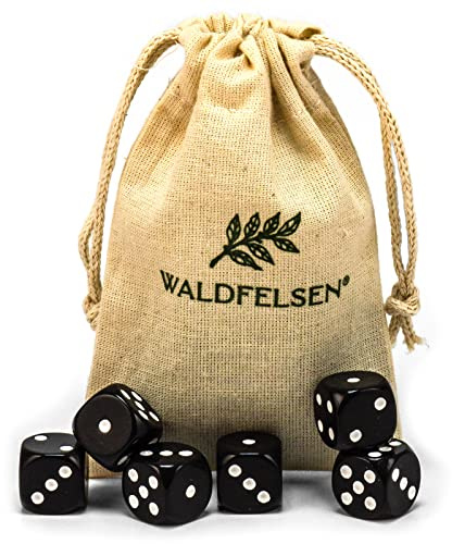 Waldfelsen® Högkvalitativa tärningar, 6, 12, 20, 30 eller 50 stycken, i standardstorlek: 16 mm, 6-sidiga akryltärningar, speltillbehör, i set med tygpåse (svart, 6 stycken)