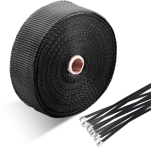 15M Hitzeschutzband Auspuff,Foneso auspuffband,Hitzeschutz Auspuff Bandage,Schwarz Hitzeschutzband mit 12 Schwarz Kabelbinder Edelstahl,für Motorrad Fächerkrümmer Thermoband Krümmerband