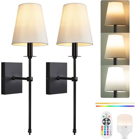 PASSICA DECOR Battery Operated Wall Light Set of 2, Wireless Wall Lights with 15 Colors Dimmable Bulbs,Remote Control, Rechargeable Wall Sconces for Bedroom Living Room
