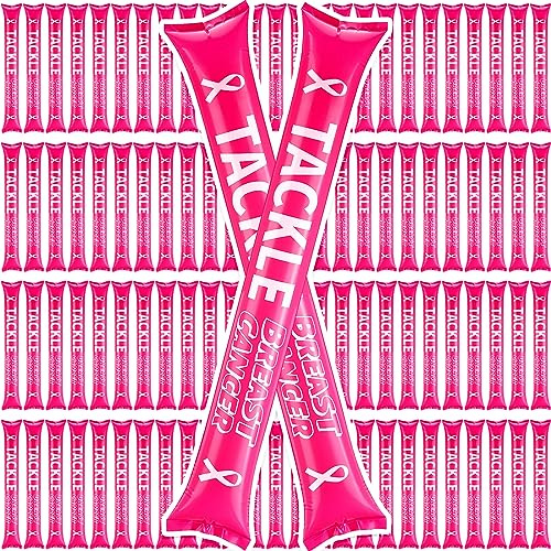 Liliful 100 Pcs Breast Cancer Awareness Thunder Sticks Pink Ribbon Boom Sticks Inflatable Pink Noise Makers Tackle Breast Cancer Cheering Sticks for Charity Event, Fundraiser, Parade