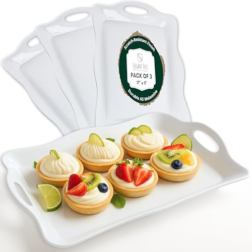 Large Melamine Tray, 17 x 11.5 - White Serving Tray with Handles - Dishwasher Safe - Rectangular Melamine Platter for Meat, Appetizers, Cookies, Grill or Party Snacks - Set of 3