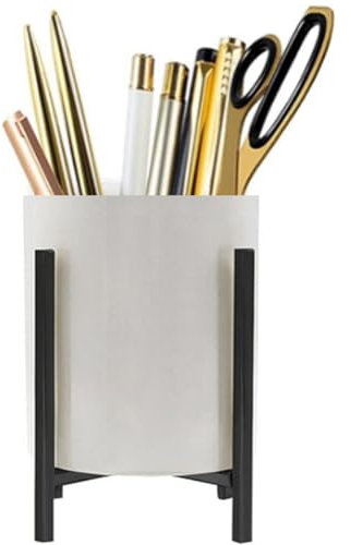 Leoyee Stifteköcher, Goldstifthalter mit stabilem Metallrahmen, mit weißem Keramik Stifthalter, Schreibtischorganisator, Make-up Pinselhalter und Küchenutensilien Halter (Schwarz)