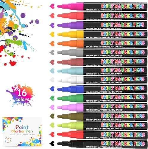 Goffii Steine Bemalen Stifte Lackstift Acrylstifte Wasserfest, 16 Farben Permanent Marker Paint Pen Set Schnelltrocknend für Stein Schwarzes Papier Glas Kunststoff Keramik Metall Holz DIY