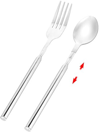 Cucchiaio Forchetta Estensibile, Acciaio Inossidabile Forchetta Lunga Prolunga Cena Cucchiaio Telescopico Espandibile Forchetta Prolunga Si Estende Fino a 64cm Stoviglie per Frutta BBQ