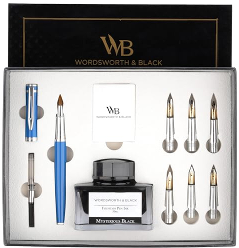 Wordsworth & Black Calligraphy Pen Set de regalo, incluye botella de tinta, 6 cartuchos de tinta, convertidor de recarga de tinta, 6 puntas de repuesto, paquete premium, diario [Chrome Bleu]