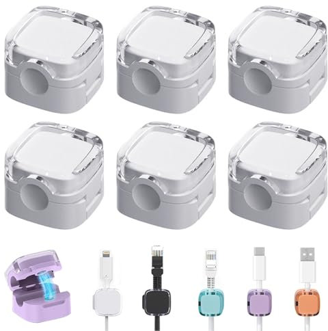 6 Pack Cable Clips with Self Adhesive, Adjustable Cable Tidy, Cord Cable Management Cable Organiser Magnetic Cable Holder Wire Holder Organiser for USB, HDMI, Wall, Car, Office, Home (White)