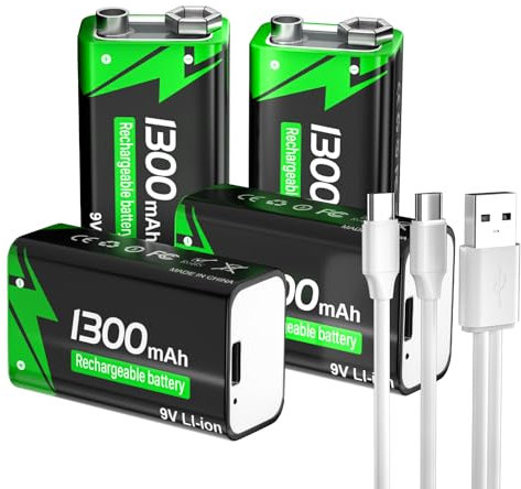 Piles 9V Rechargeables, 9 Volt Piles Carrées Lithium-ION Batteries avec Port de Charge USB-C Rapide pour Microphone, Détecteur de fumée, Jouets électroniques etc (Lot de 4)