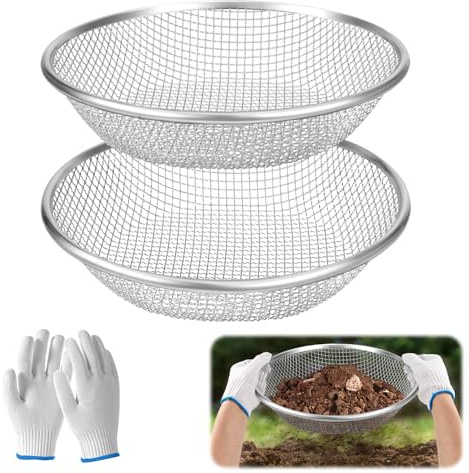 2PCS 1/4 Inch Mesh Soil Sifter for Gardening,Compost Sifter for 5 Gallon Buckets,Garden Sieve Rock Sifters for Captures Dirt Rocks Sawdust,Includes Gloves