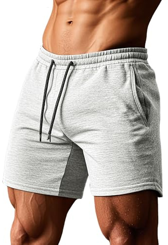 Muhshoiy Shorts Homme Coton Short de Course de 5 Pouces Bermudas Pantalon Court Décontracté de Survêtement Respirant Cordon Ajustable de Fitness Jogging Gym Beach Gris Clair XL