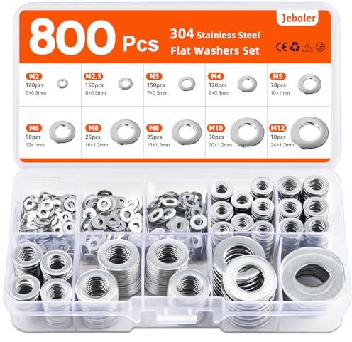 Jeboler 800 PCS Washers for Screws, Small Metal Washers for Bolts Stainless Steel Washer Set M2 M2,5 M3 M4 M5 M6 M8 M10 M12, 9 Sizes Assorted Washer for Home DIY Repair