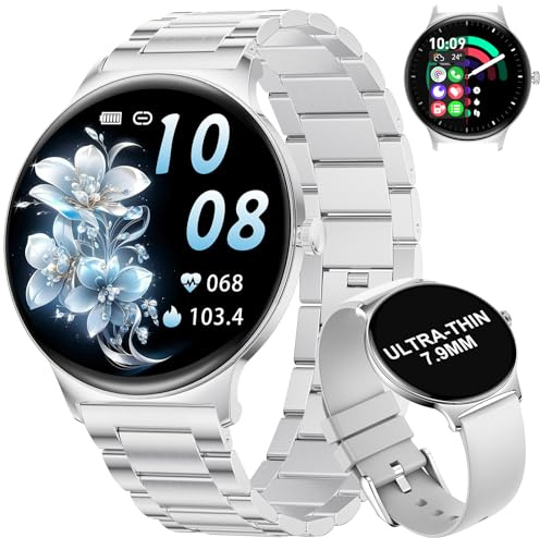 BENYAR SMART Montre Connectée Femme avec Appel Bluetooth, 1.43 HD AMOLED Ronde Smartwatch Femme, Fonction Féminine/100+ Modes Sport/Étanche IP68/Podomètre pour Android iOS, Argent