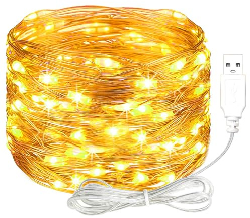 Koboko LED-ljuskedja med USB, 10 m, 100 LED, vattentät koppartråd, ljuskedja, varmvit, batteridriven, dekorativa lampor för sovrum, trädgård, jul, bröllop, födelsedag