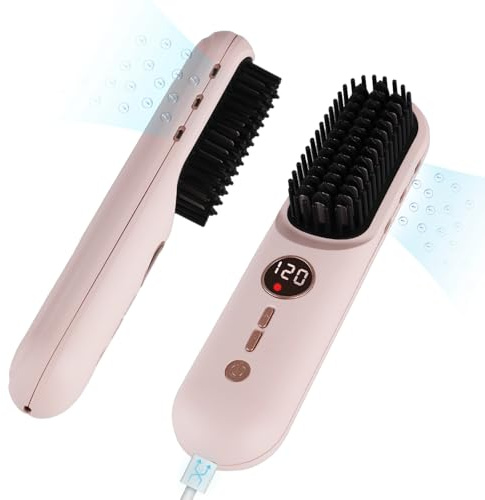 TANSHINE Cordless Hair Straightener Brush with 6000mAh Battery, Negative Ions & LCD Display - Portable Straightening Comb for Travel,Rechargeable Mini Hot Straightening Comb for Women,Pink
