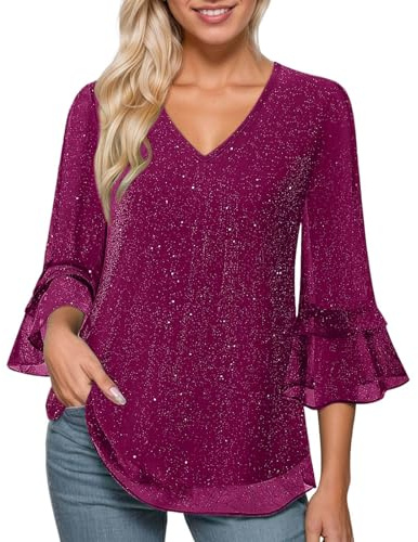 Camicia Donna Elegante con Paillettes in Ruffle Chiffon, Manica 3/4 e Scollo a V Blusa Leggero Camicette Estivo Casacca Casual Tunica Top con Glitter Maglietta per Feste,Serate,Lavoro,Mare,Bordeaux,L