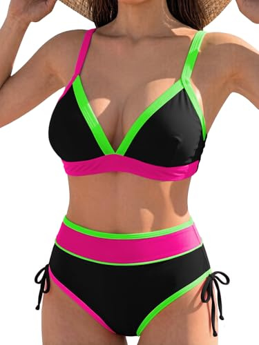 JFAN Costume da Bagno Donna Due Pezzi Push Up Imbottito Reggiseno Sexy Bikini Blocchi di Colore Abiti da Spiaggia Brasiliana Costumi da Bagno Estivi Vita Alta Beachwear,Nero e Verde M