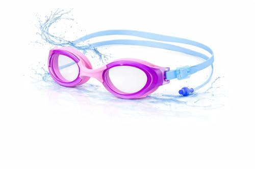 CAYLEKI Girls' Anti-Fog Swimming Goggles with Attached Earplugs, Age 6-14