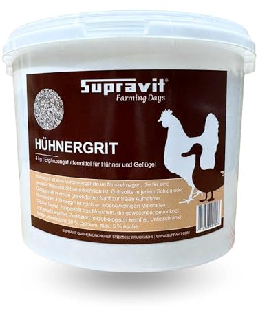 Supravit Hühnergrit Geflügelgrit 4 kg - Muschelkalk für Knochen - Futterkalk Naturprodukt für Hühner - Legehennenfutter für stabile Eierschalen - calciumreiches Geflügelfutter