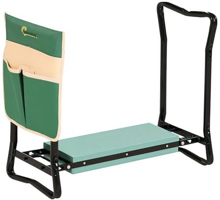 Outsunny Taburete de Jardín Plegable con Bolsa para Herramientas Protección Cojín Rodillas Asiento de Jardín con Almohadilla Altura Ajustable Soporta un máximo 150kg Color Verde Negro