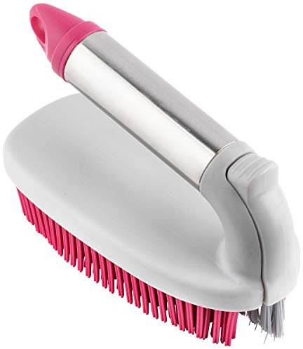 Kleeneze 2 in 1 Scrubbing Brush - Rubber Bristles, Crevice Cleaning Brush, Removable Thin Brush for Cleaning Tiles, Grout and Hard to Reach Areas, Bathroom/Kitchen Scrubber, Pink/Grey